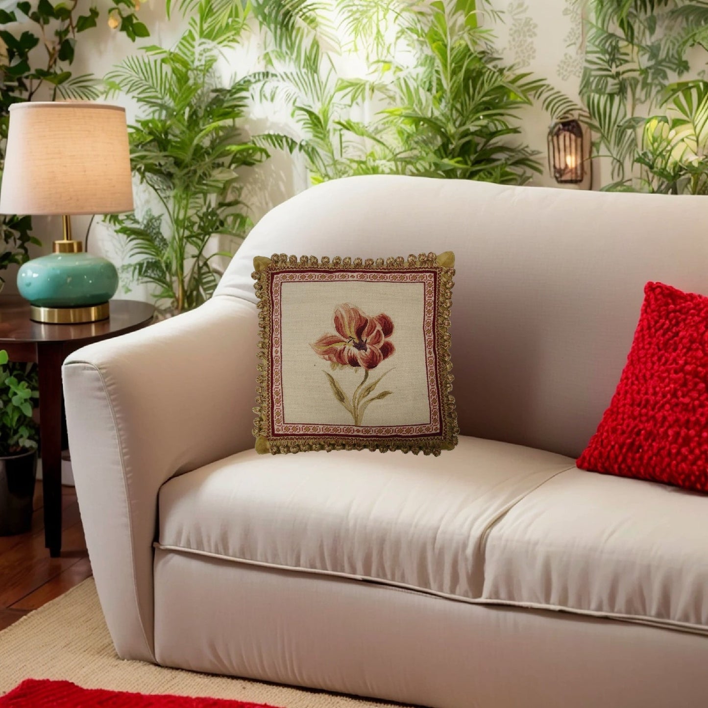 Handmade Wool Needlepoint Pillow Cover - Decorative Throw Cushion Cover - Vintage Floral Embroidery Design redPeonie Lauren Hamlton design with 2 color tassel