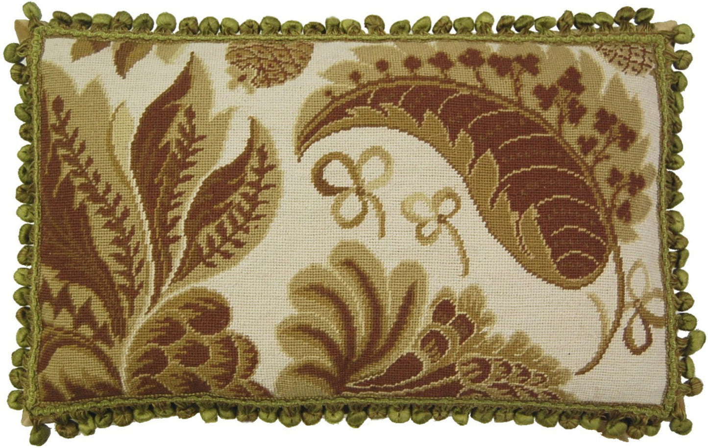 Needlepoint Hand-Embroidered Wool Throw Pillow Exquisite Home Designs olive tropical leaves ivory background with tassels