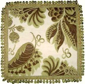 Needlepoint Hand-Embroidered Wool Throw Pillow Exquisite Home Designs olive-brown  tropical leaves with tassels