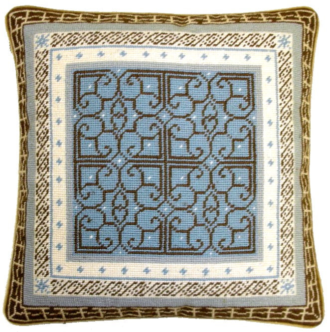 Needlepoint Hand-Embroidered Wool Throw Pillow Exquisite Home Designs blue/brown heartscroll multi design