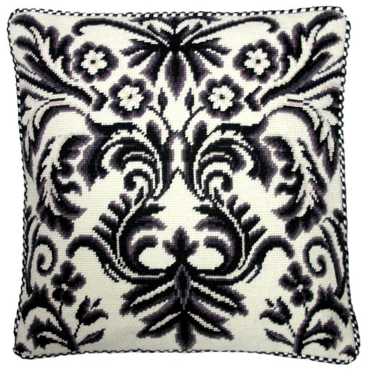 Needlepoint Hand-Embroidered Wool Throw Pillow Exquisite Home Designs b/w floral deisgn with 2 color cording