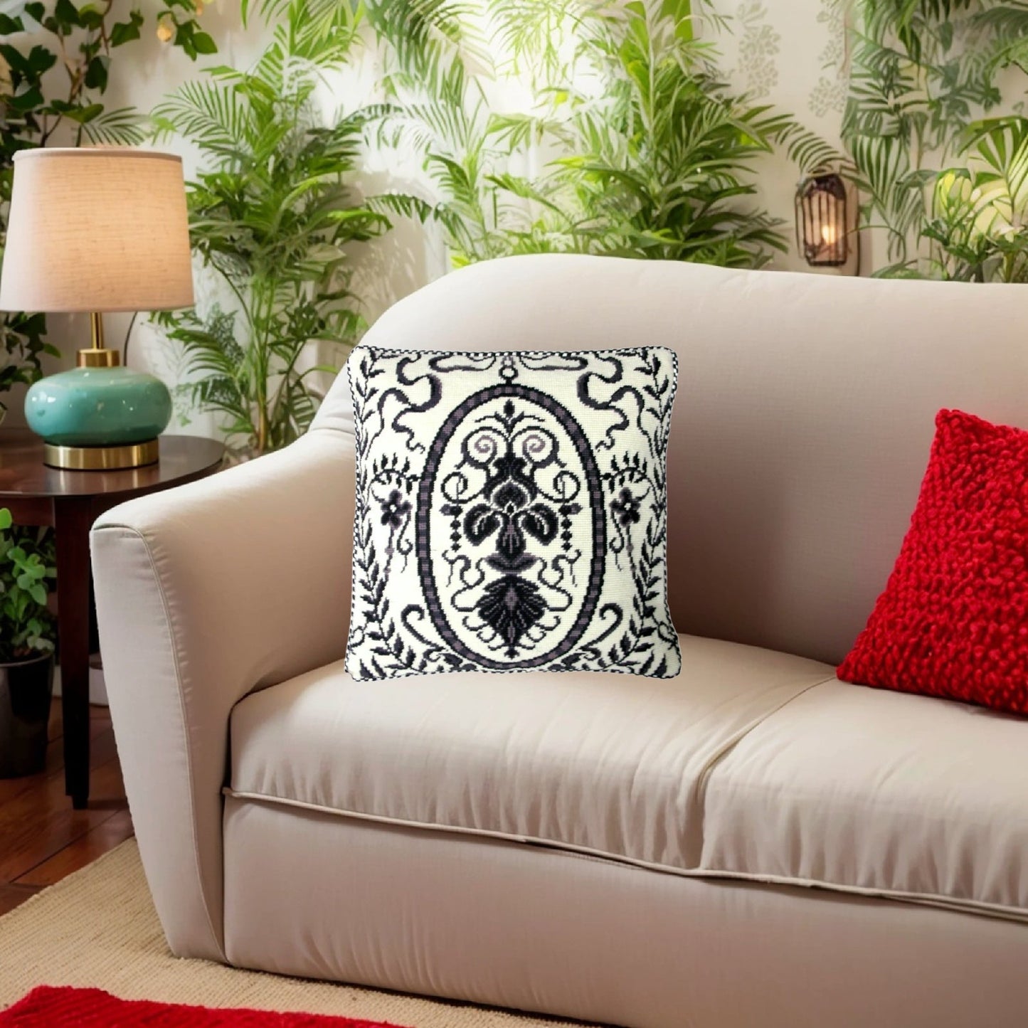 Handmade Wool Needlepoint Pillow Cover - Decorative Throw Cushion Cover - Vintage Floral Embroidery Design b/w floral in circle design with 2 color cording