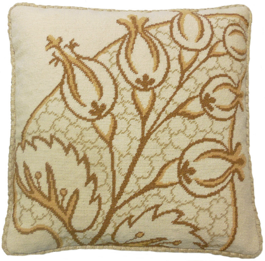 Needlepoint Hand-Embroidered Wool Throw Pillow Exquisite Home Designs brown/yellow big leaves/Flowers checker cording