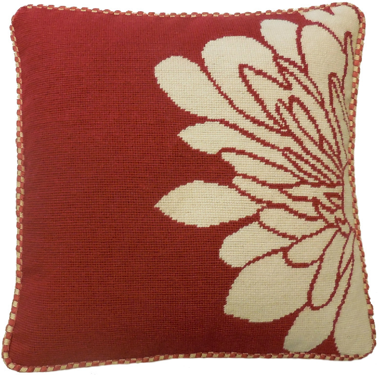 Needlepoint Hand-Embroidered Wool Throw Pillow Exquisite Home Designs half flower red back checker cording