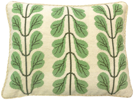 Needlepoint Hand-Embroidered Wool Throw Pillow Exquisite Home Designs 3 lines green leaves checker cording