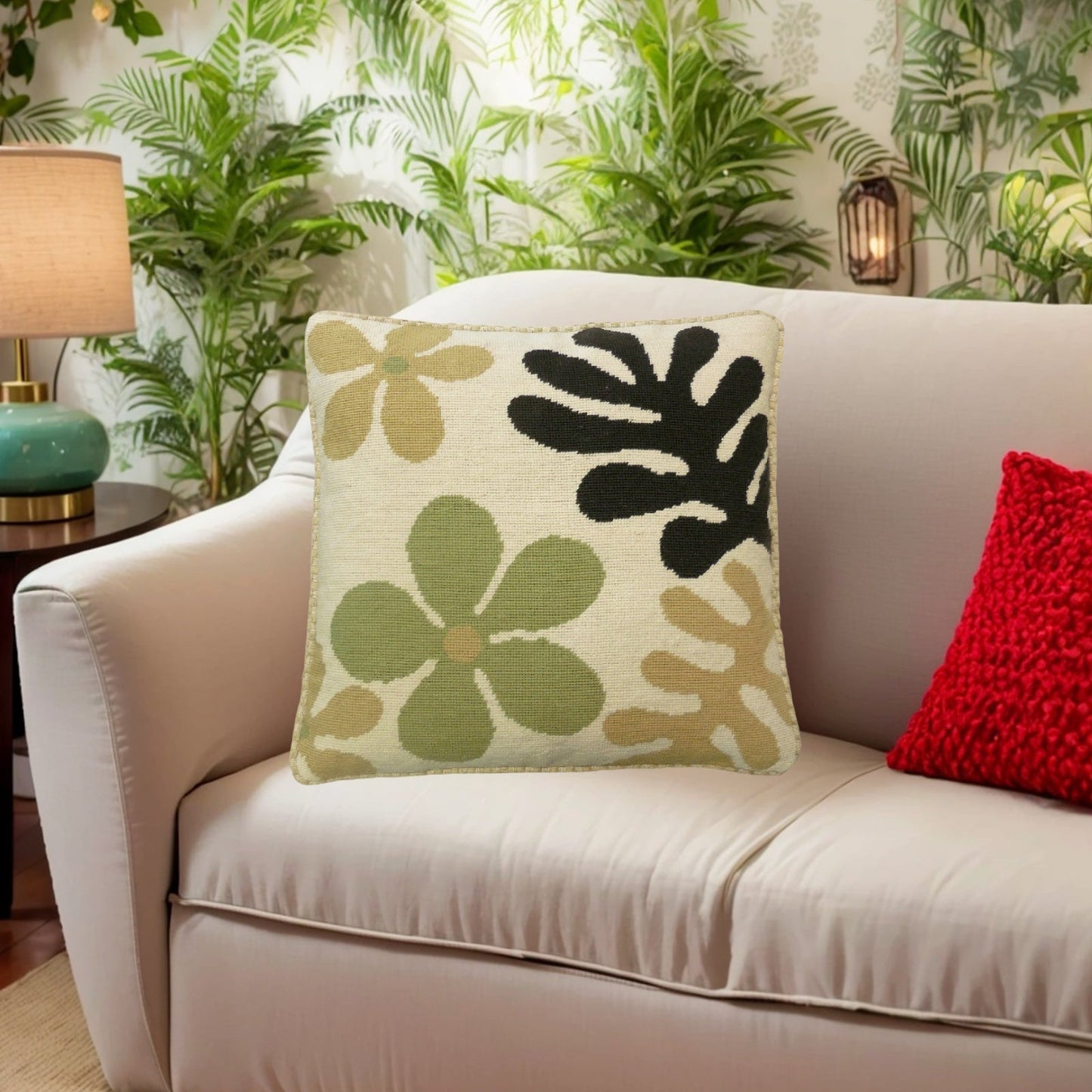 Handmade Wool Needlepoint Pillow Cover - Decorative Throw Cushion Cover - Vintage Floral Embroidery Design abstract flower checker cording I