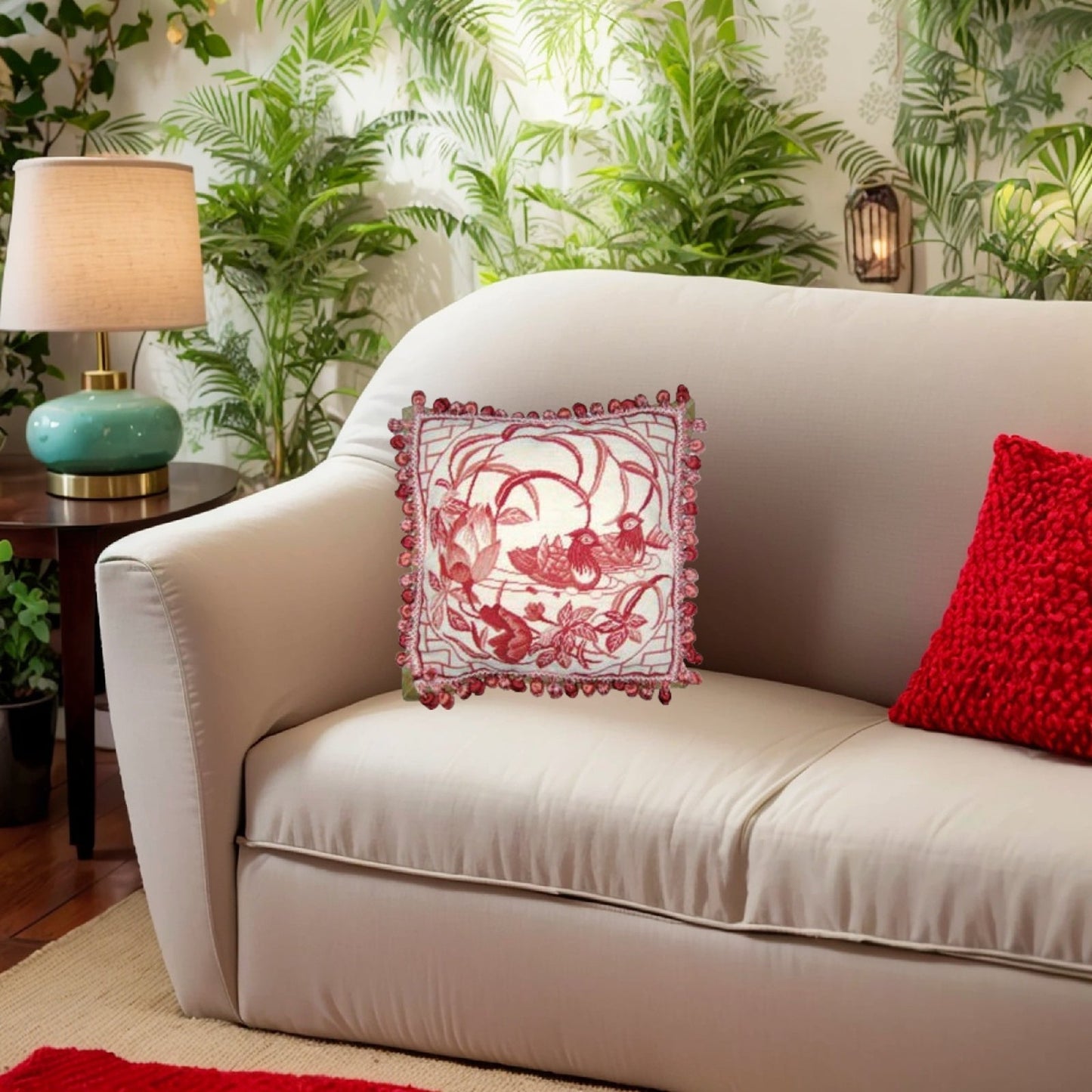 Handmade Wool Needlepoint Pillow Cover - Decorative Throw Cushion Cover - Vintage Floral Embroidery Design  red Mandarin Ducks lotus flower with tassels