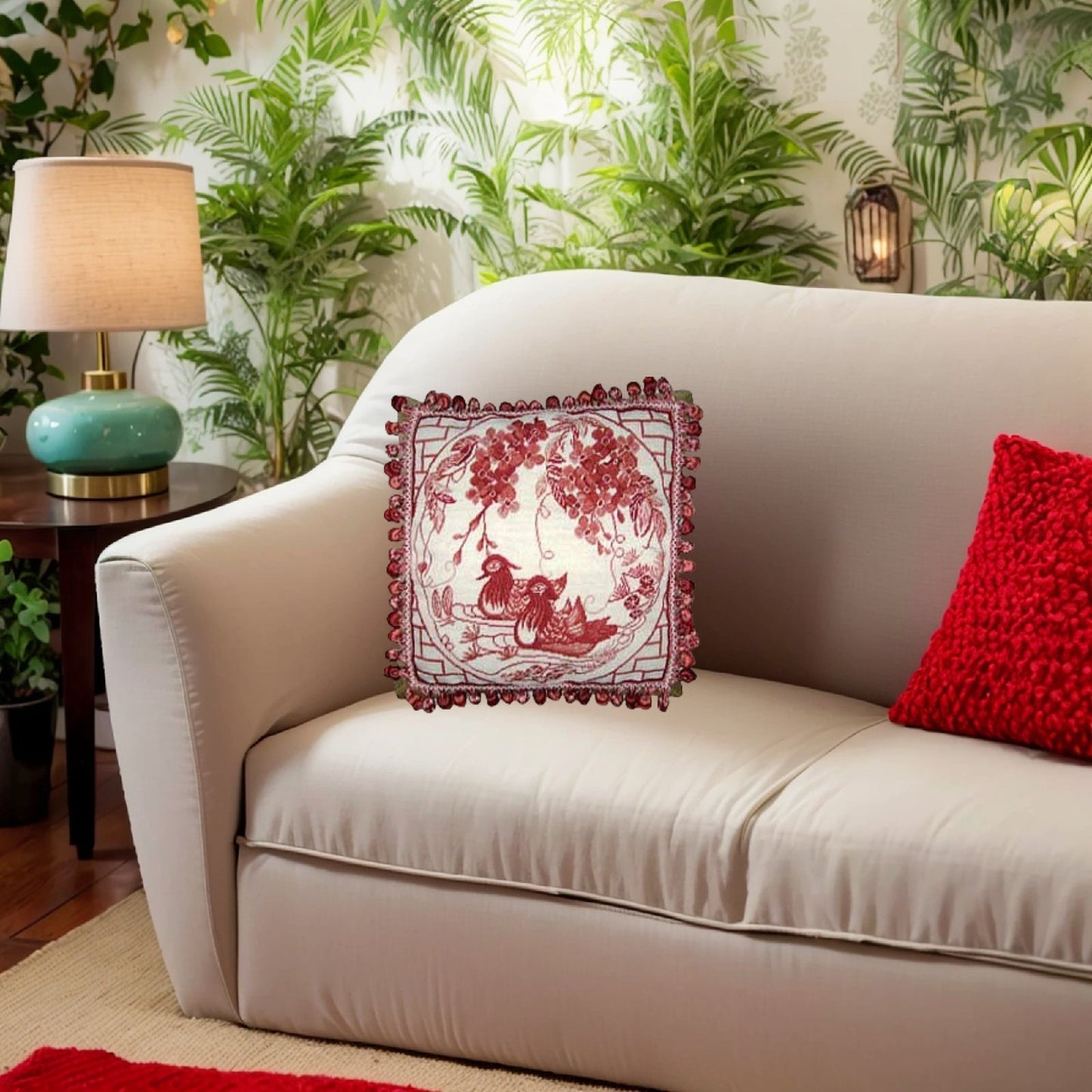 Handmade Wool Needlepoint Pillow Cover - Decorative Throw Cushion Cover - Vintage Floral Embroidery Design  red Manderain Ducks plum flowers with tassels