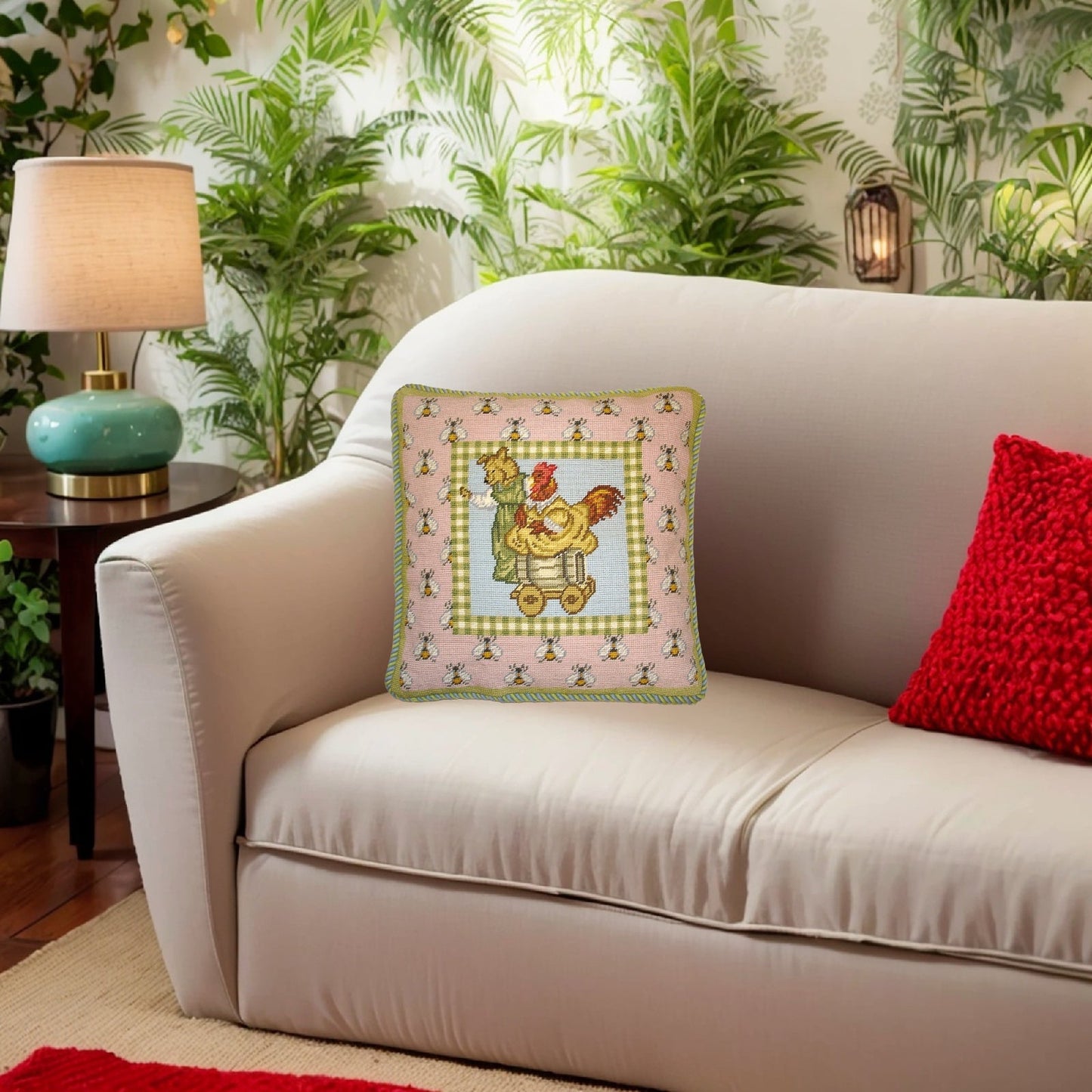 Handmade Wool Needlepoint Pillow Cover - Decorative Throw Cushion Cover - Vintage Floral Embroidery Design bear & chicken bees on the board blue green cording
