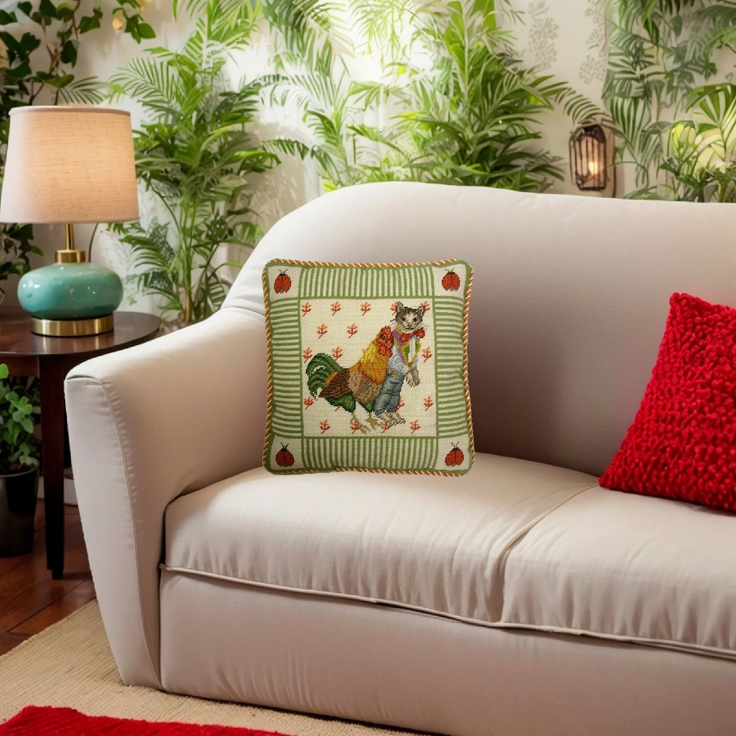 Handmade Wool Needlepoint Pillow Cover - Decorative Throw Cushion Cover - Vintage Floral Embroidery Design cat boy & chicken ladybug on 4 corners mauve & yellow cording