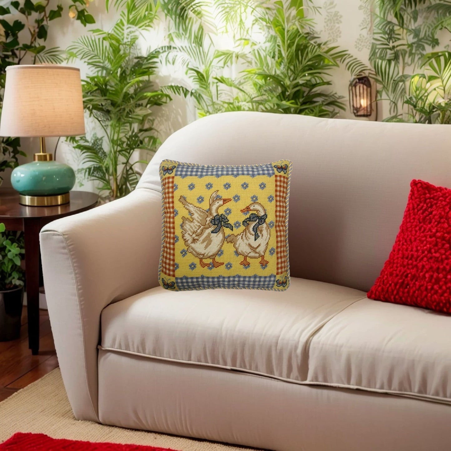 Handmade Wool Needlepoint Pillow Cover - Decorative Throw Cushion Cover - Vintage Floral Embroidery Design gees butterfly on 4 corner blue & yellow cording