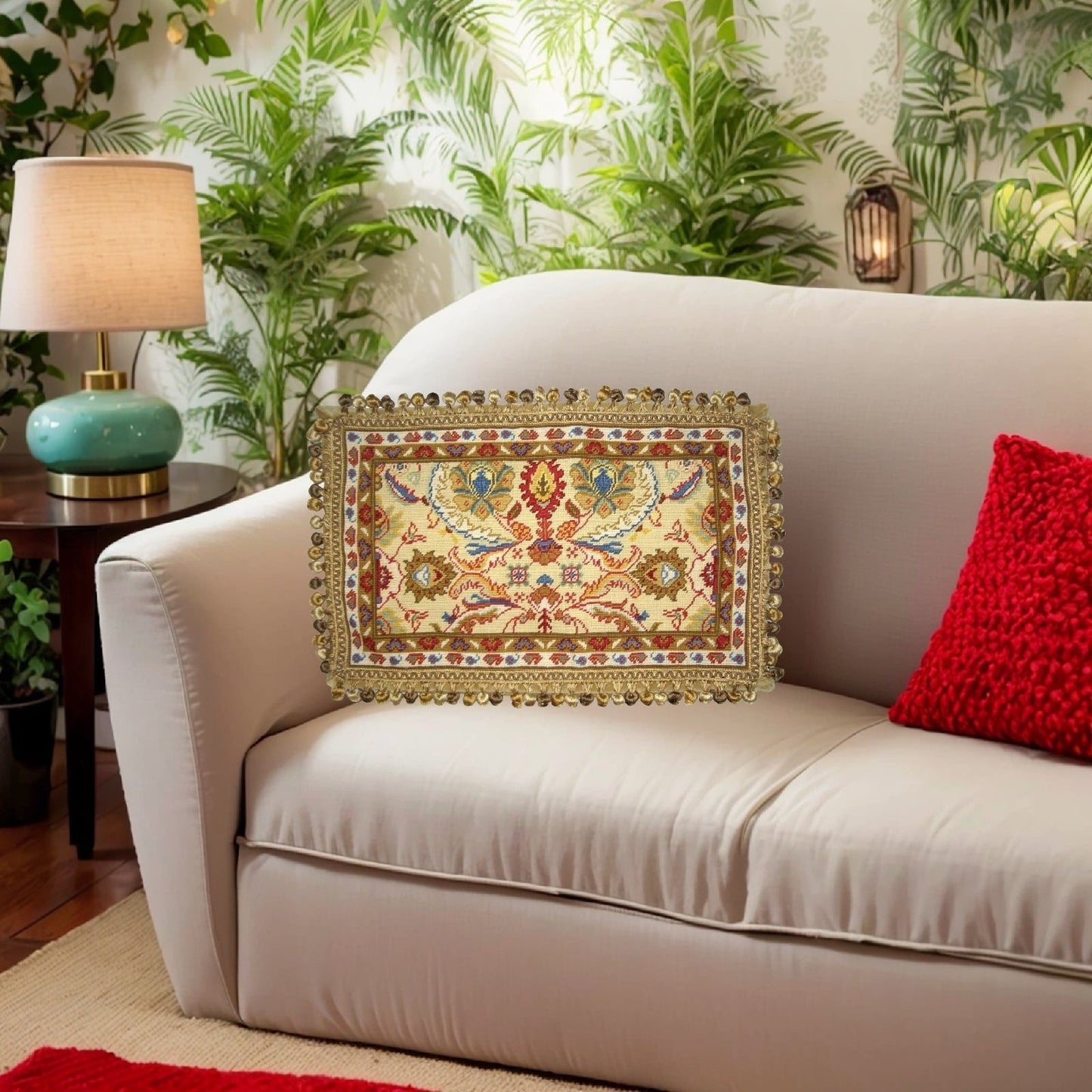 Handmade Wool Needlepoint Pillow Cover - Decorative Throw Cushion Cover - Vintage Floral Embroidery Design Turkish gold/red with tassels