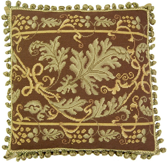 Needlepoint Hand-Embroidered Wool Throw Pillow Exquisite Home Designs olive-brown grapes leave with 2 color tassels