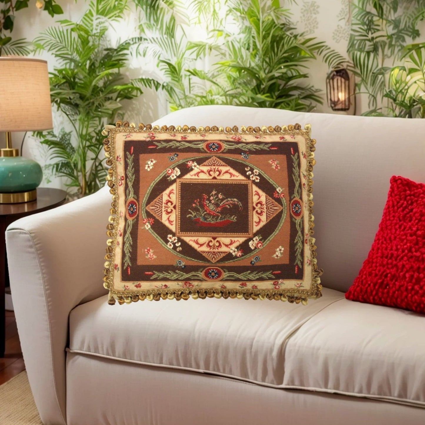 Handmade Wool Needlepoint Pillow Cover - Decorative Throw Cushion Cover - Vintage Floral Embroidery Design  pheasant center with tassels