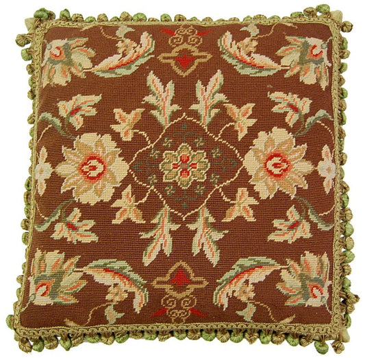 Needlepoint Hand-Embroidered Wool Throw Pillow Exquisite Home Designs milk chocolate background 3 big flowers center with tassels