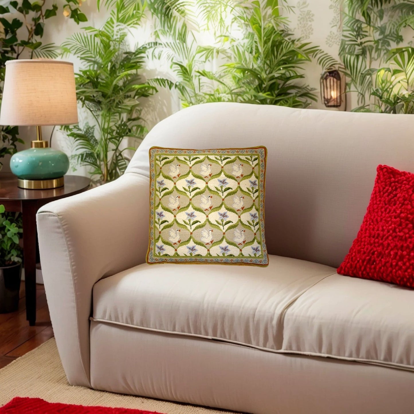 Handmade Wool Needlepoint Pillow Cover - Decorative Throw Cushion Cover - Vintage Floral Embroidery Design IIIVV