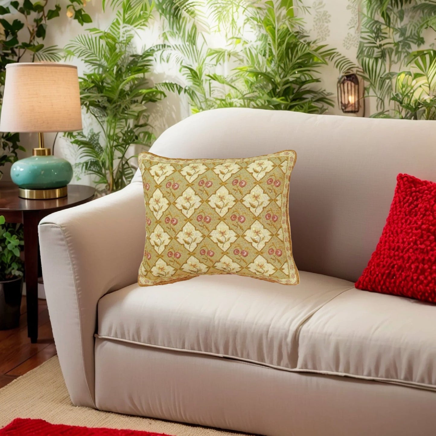 Handmade Wool Needlepoint Pillow Cover - Decorative Throw Cushion Cover - Vintage Floral Embroidery Design All  cherry