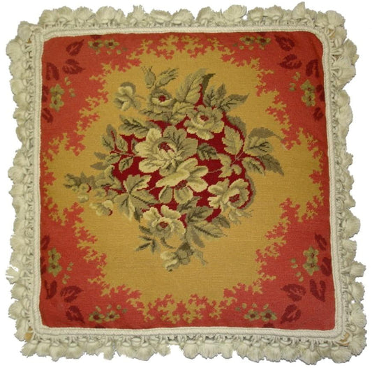 Needlepoint Hand-Embroidered Wool Throw Pillow Exquisite Home Designs All  central floral red frame with nature tassels