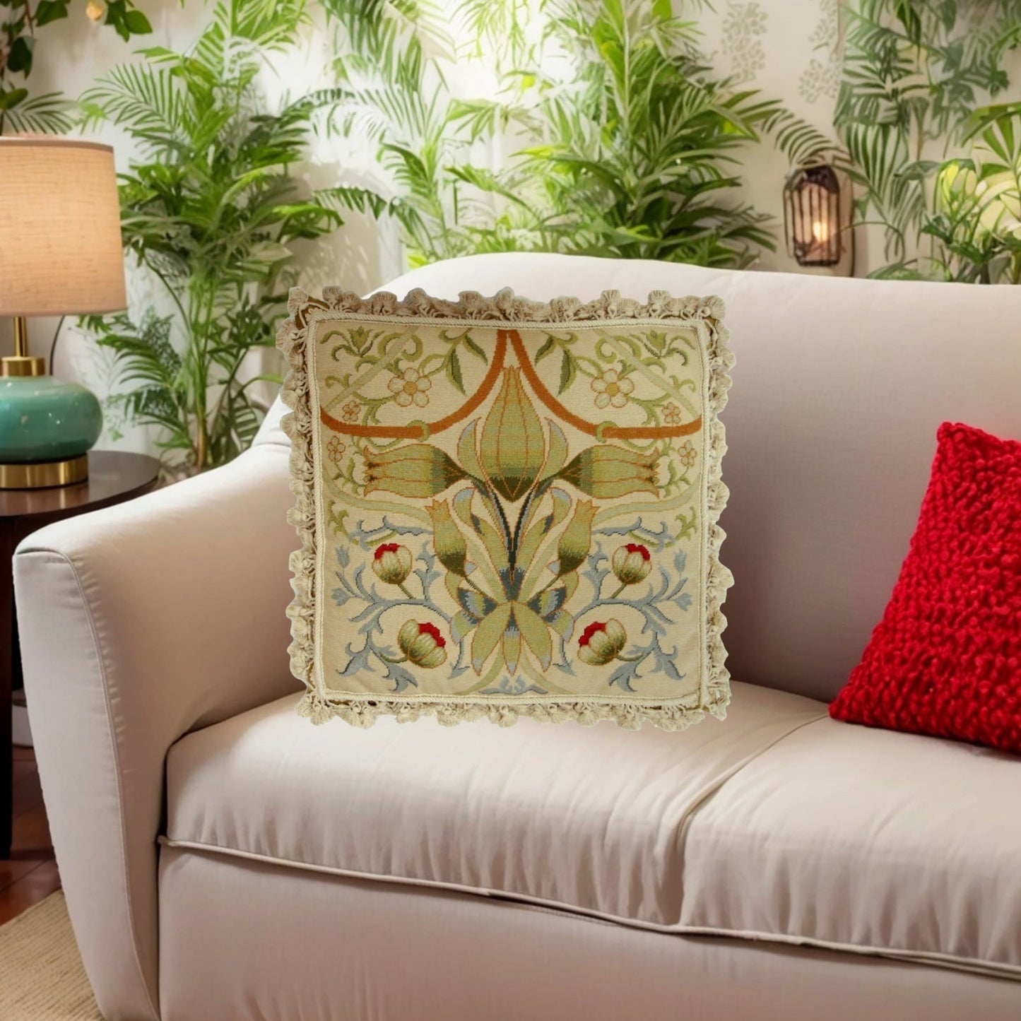 Handmade Wool Needlepoint Pillow Cover - Decorative Throw Cushion Cover - Vintage Floral Embroidery Design All  William Morrios bage Old Roses