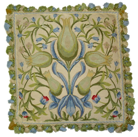 Needlepoint Hand-Embroidered Wool Throw Pillow Exquisite Home Designs  William Morris old rose with blue/green/badge tassel