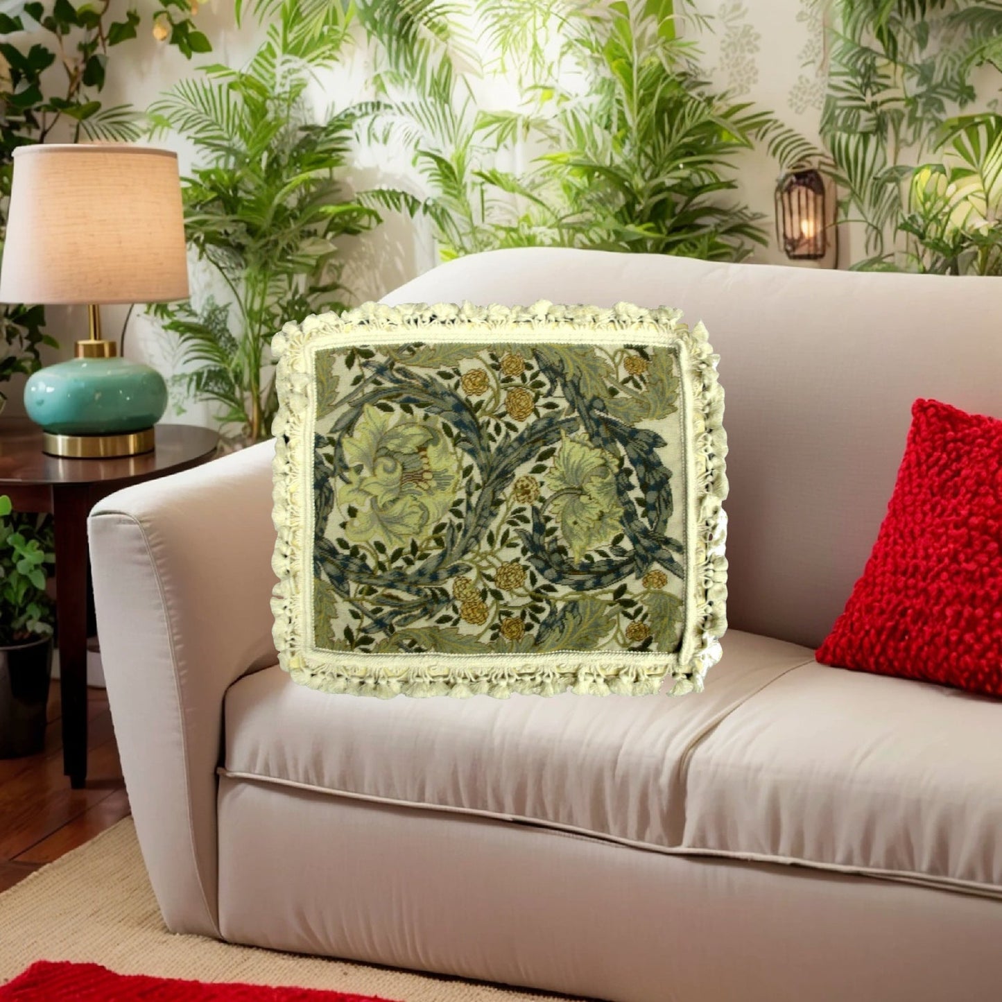 Handmade Wool Needlepoint Pillow Cover - Decorative Throw Cushion Cover - Vintage Floral Embroidery Design All  William Morris Old World leafs with white tassels