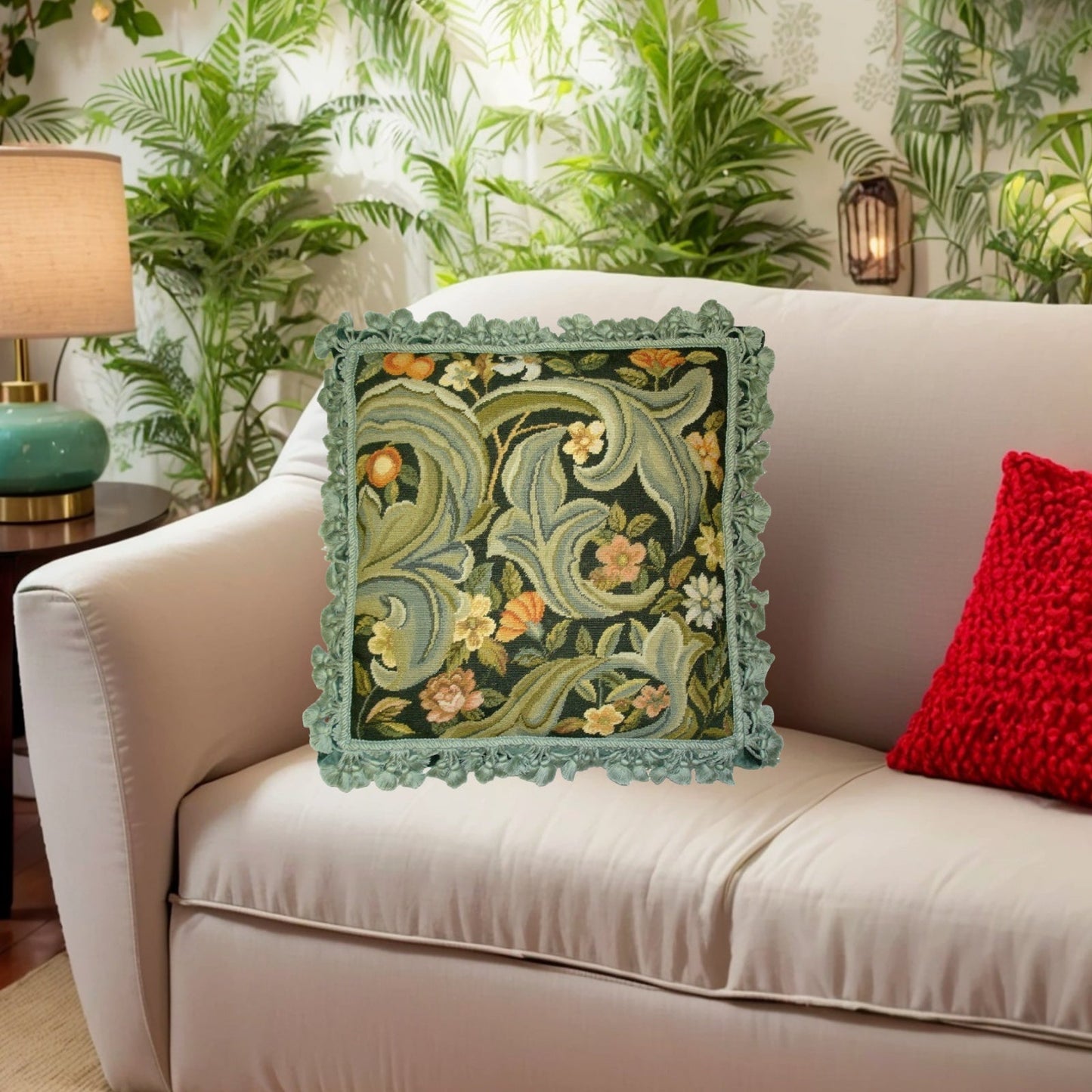 Handmade Wool Needlepoint Pillow Cover - Decorative Throw Cushion Cover - Vintage Floral Embroidery Design All  William Morris Old World leafs & flowers with nature tassels