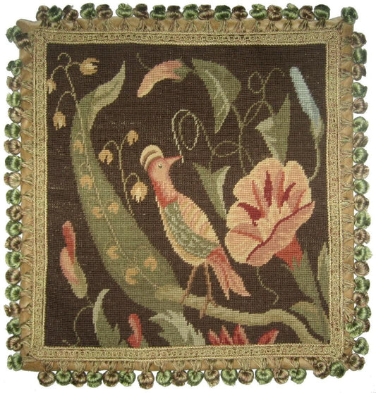 Needlepoint Hand-Embroidered Wool Throw Pillow Exquisite Home Designs morning-glory/bird with tassel