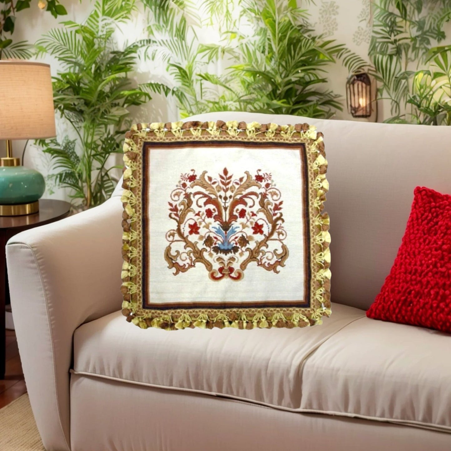 Handmade Wool Needlepoint Pillow Cover - Decorative Throw Cushion Cover - Vintage Floral Embroidery Design  floral with tassel