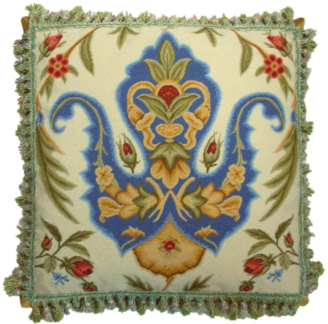 Needlepoint Hand-Embroidered Wool Throw Pillow Exquisite Home Designs  blue tulip red roses with tassels