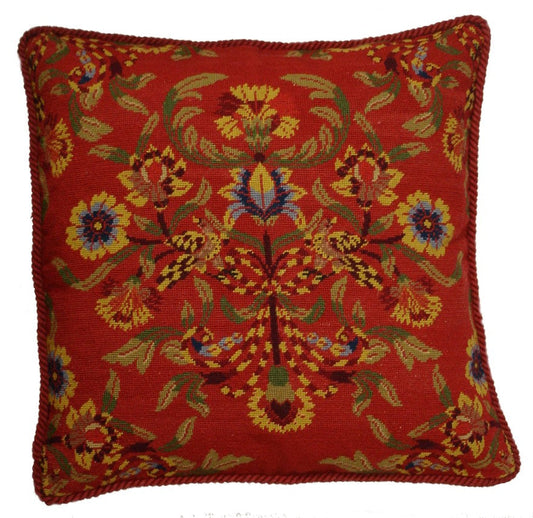 Needlepoint Hand-Embroidered Wool Throw Pillow Exquisite Home Designs William Morriss Old Roses with cording I