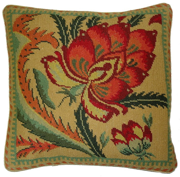 Needlepoint Hand-Embroidered Wool Throw Pillow Exquisite Home Designs flower in shade of rich gold, red, green