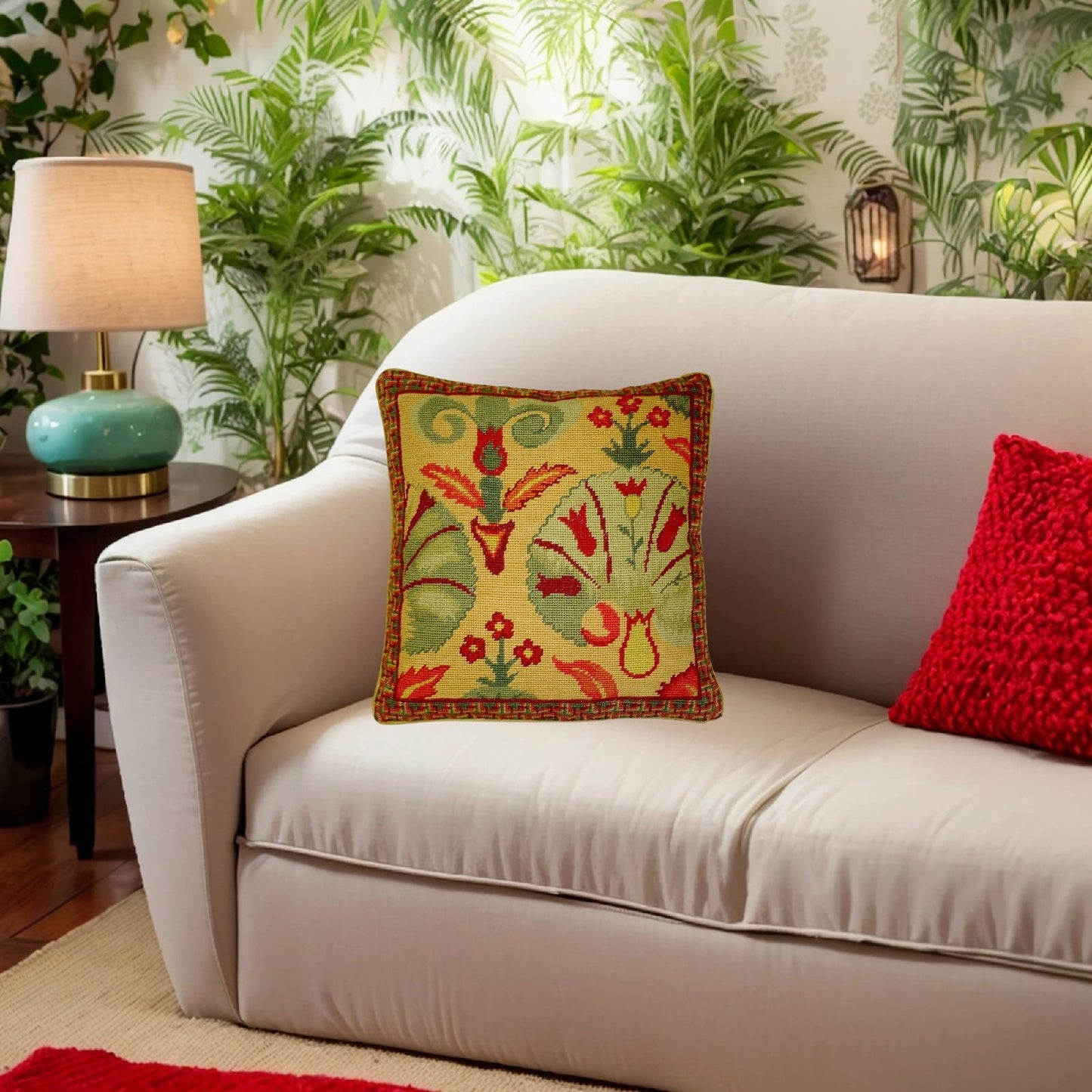 Handmade Wool Needlepoint Pillow Cover - Decorative Throw Cushion Cover - Vintage Floral Embroidery Design leaves in shade of rich gold, red, green