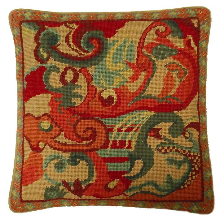 Needlepoint Hand-Embroidered Wool Throw Pillow Exquisite Home Designs cloudy in shade of rich gold, red, green