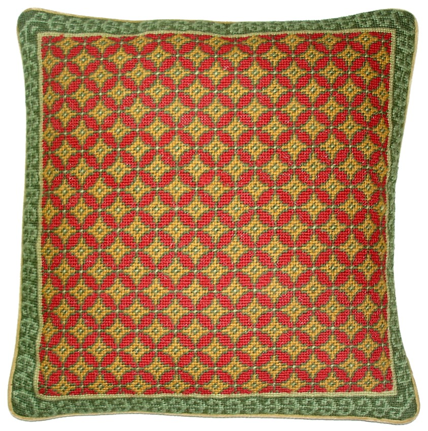 Needlepoint Hand-Embroidered Wool Throw Pillow Exquisite Home Designs checkers in shade of rich gold, red, green