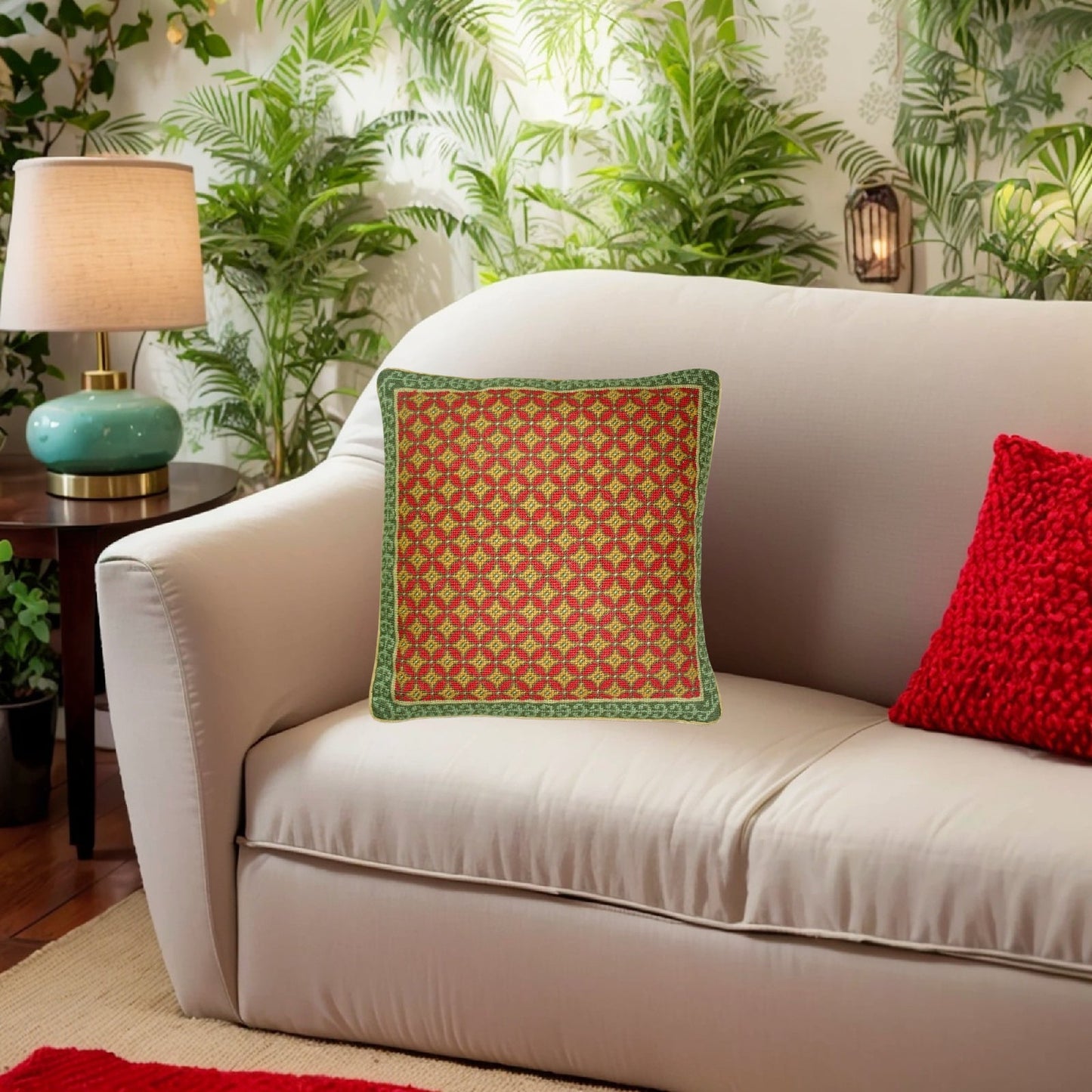 Handmade Wool Needlepoint Pillow Cover - Decorative Throw Cushion Cover - Vintage Floral Embroidery Design checkers in shade of rich gold, red, green