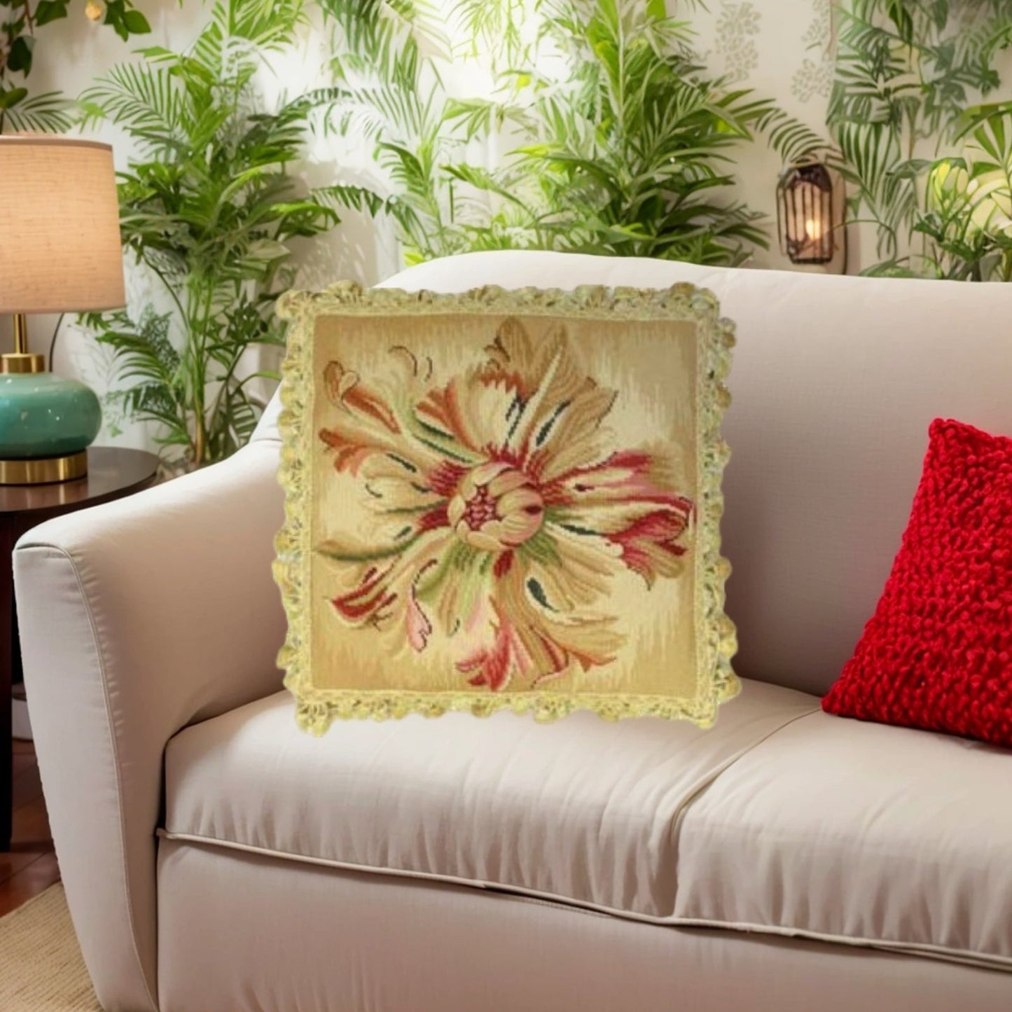 Handmade Wool Needlepoint Pillow Cover - Decorative Throw Cushion Cover - Vintage Floral Embroidery Design  Corn Flower center with tassel
