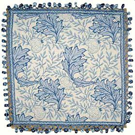 Needlepoint Hand-Embroidered Wool Throw Pillow Exquisite Home Designs blue/white William Morris grapes leaves with 2 color tassels