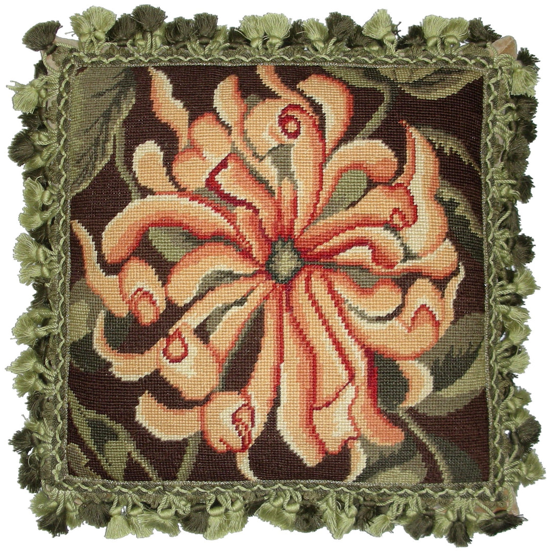 Needlepoint Hand-Embroidered Wool Throw Pillow Exquisite Home Designs William Morris orange Chrysanthemum with 2 color tassels