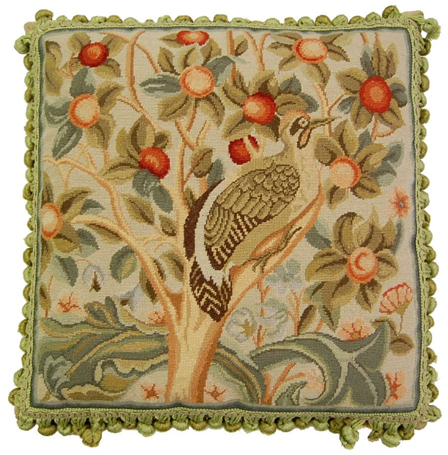 Needlepoint Hand-Embroidered Wool Throw Pillow Exquisite Home Designs  William Morris design Bird & Cherries with tassel