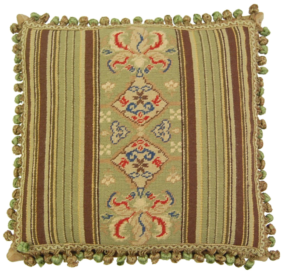 Needlepoint Hand-Embroidered Wool Throw Pillow Exquisite Home Designs green/brown patten with lager patten center with 3 color tassels