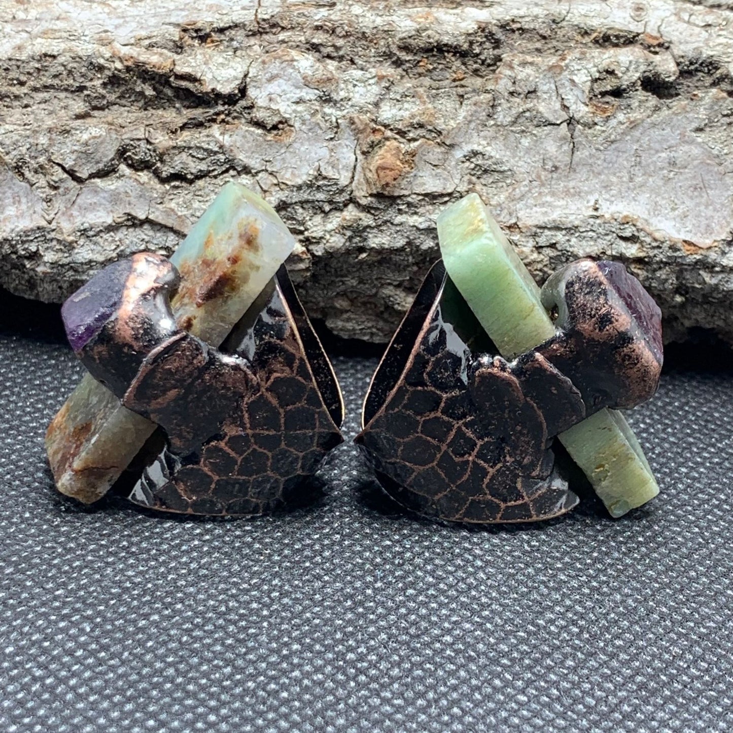 Natural Australian Jade Rectangular Amethyst Rough Stone Combination Plated Bronze Open Adjustable Ring