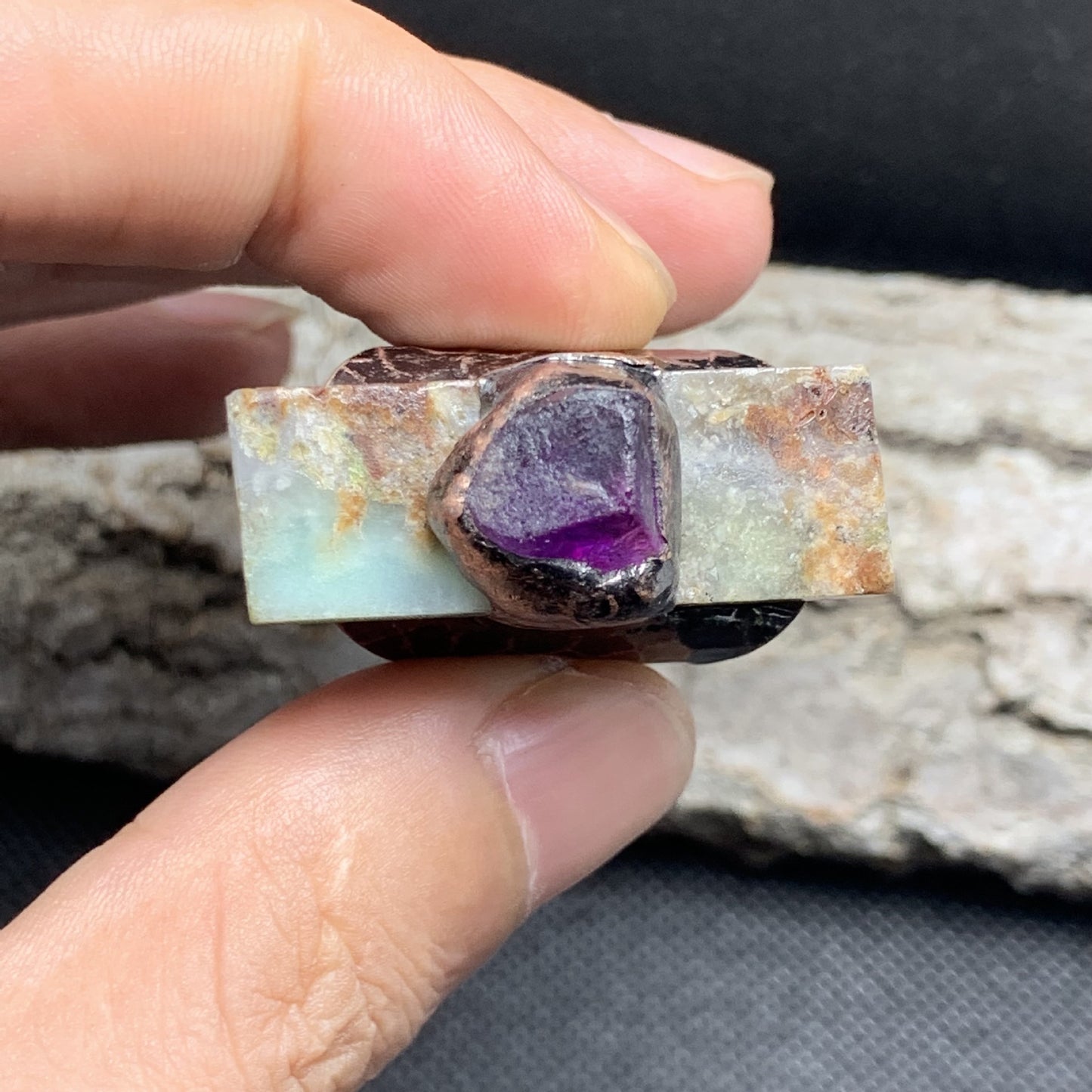 Natural Australian Jade Rectangular Amethyst Rough Stone Combination Plated Bronze Open Adjustable Ring