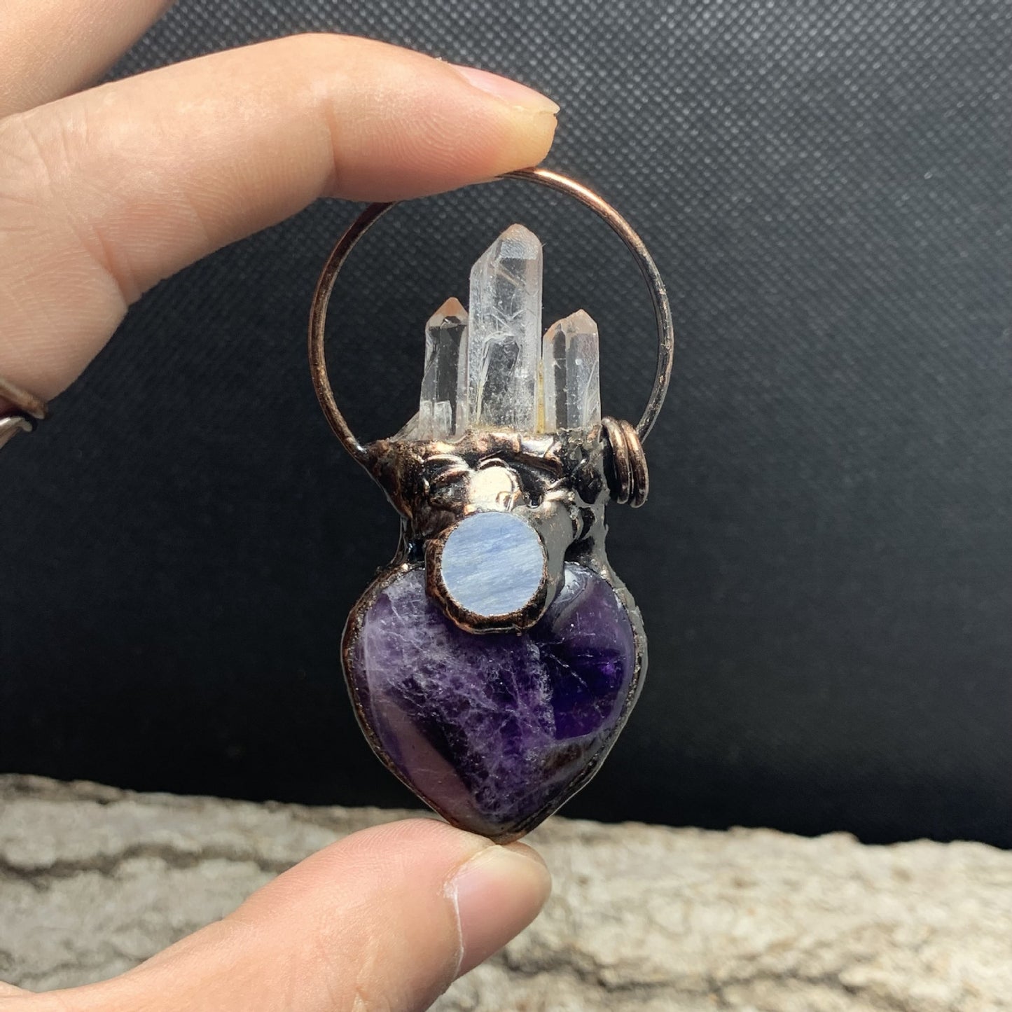 Amethyst Heart-Shape White Crystal Point Blue round Cake Combination Bronze ElectroplatingSweater Chain Pendant