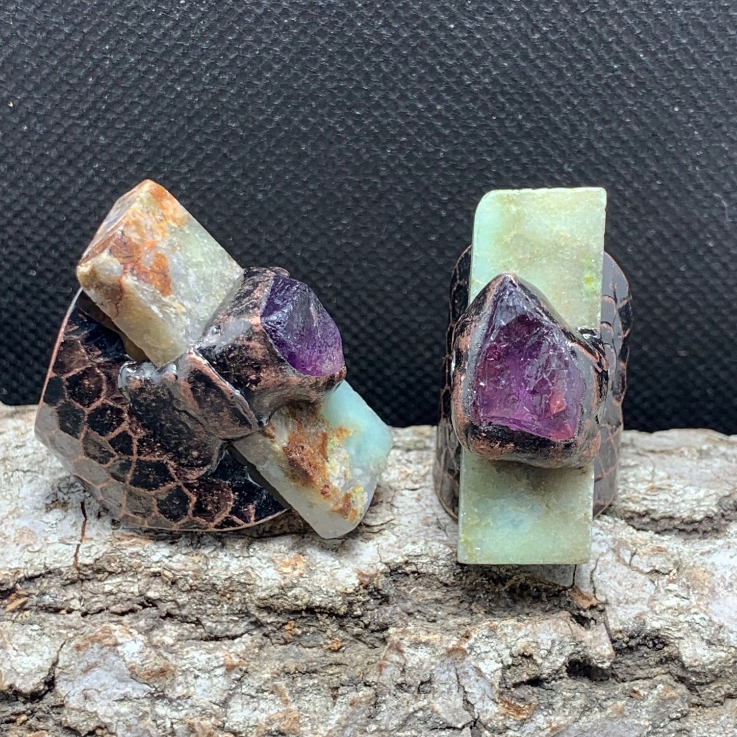 Natural Australian Jade Rectangular Amethyst Rough Stone Combination Plated Bronze Open Adjustable Ring