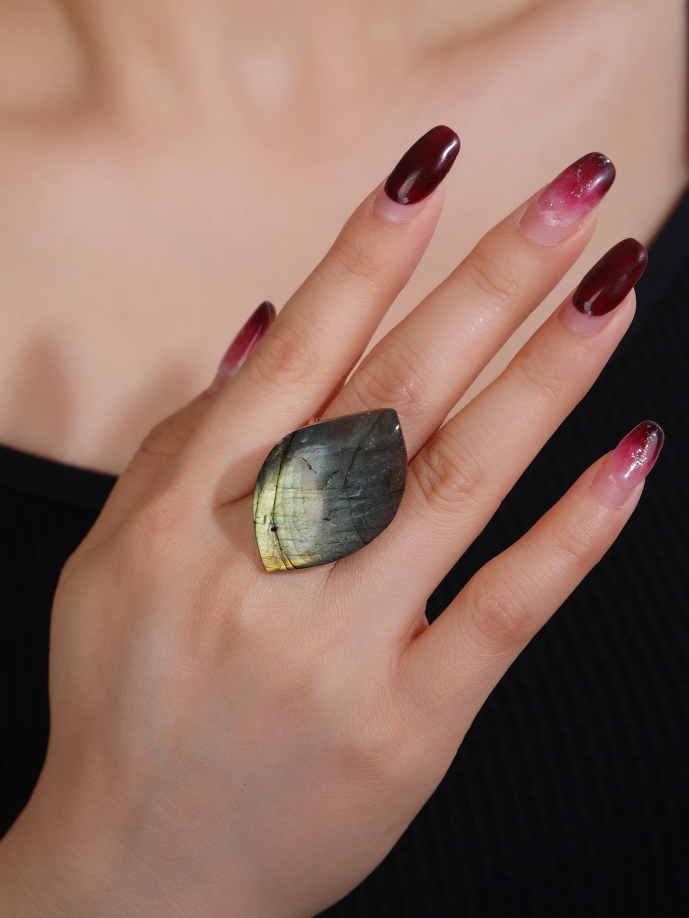 Natural Glitter Labradorite Amorphous Broken Ring Gold Adjustable Fashion Personalized Ring