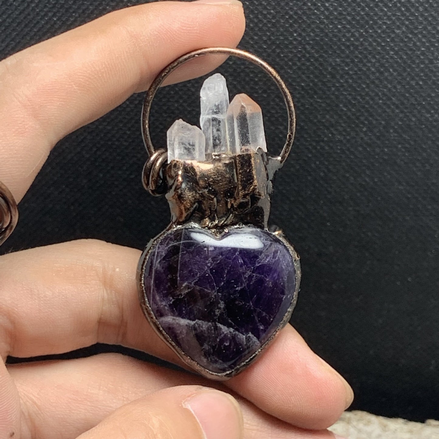 Amethyst Heart-Shape White Crystal Point Blue round Cake Combination Bronze ElectroplatingSweater Chain Pendant