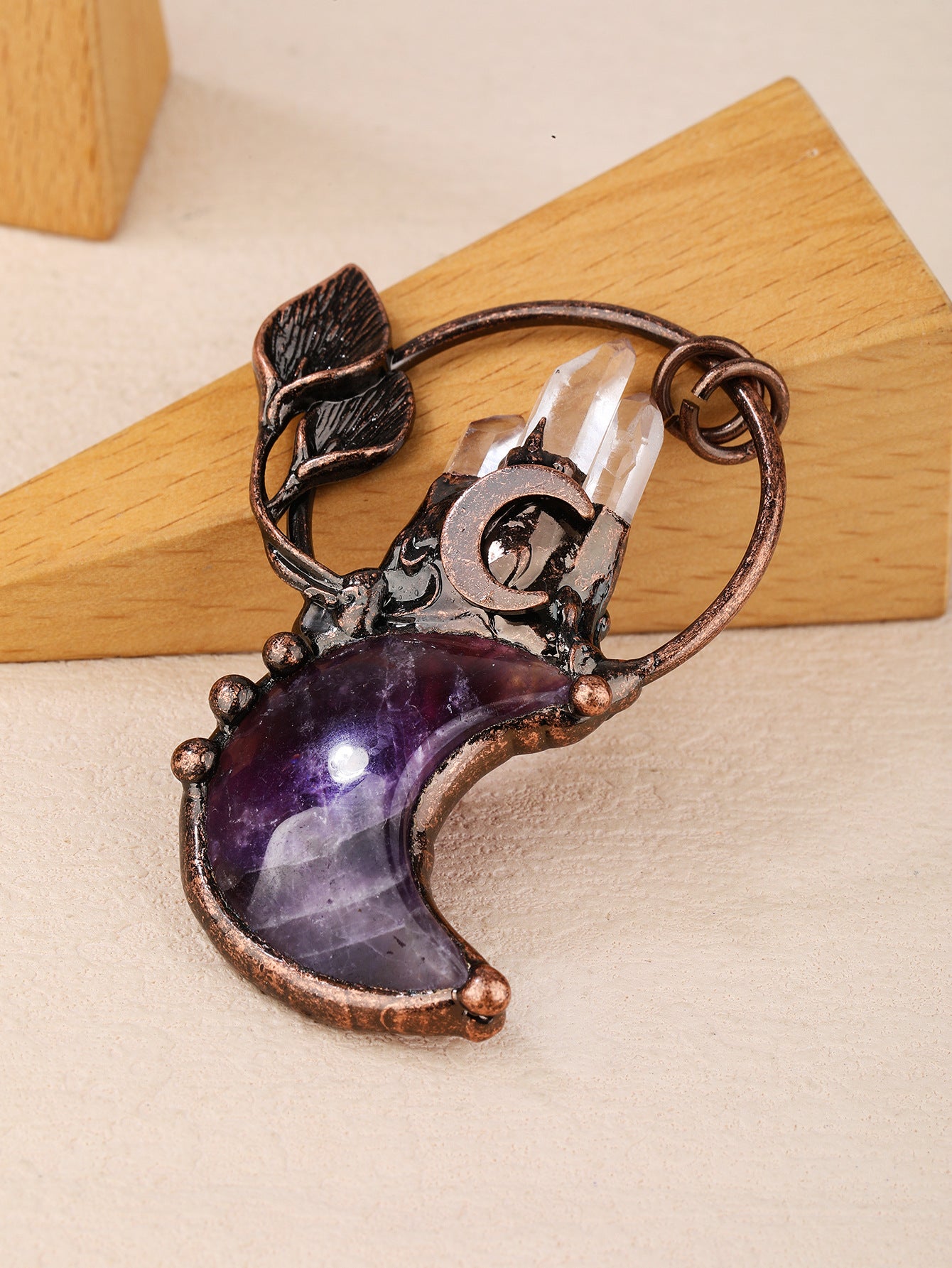 Natural Amethyst Moon Plant Embellishment Bronze Fashion Personality Punk Chain Pendant