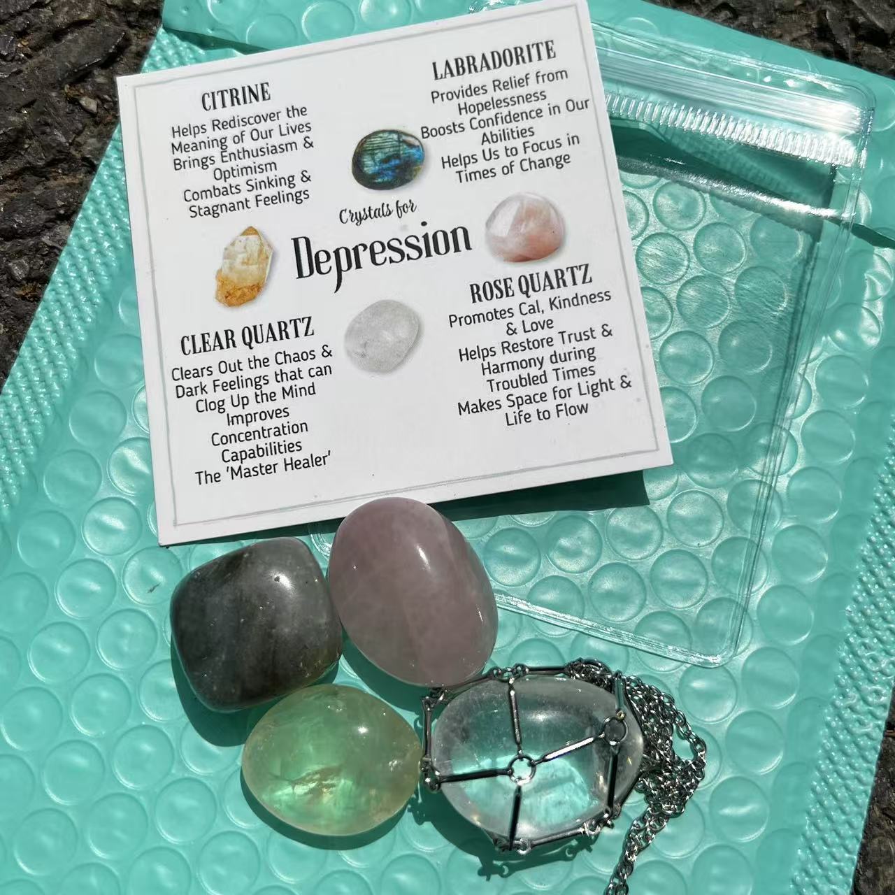 Crystal Healing Set: Tumbled Stones, Cage Necklace, Info Card - Wellness Gift