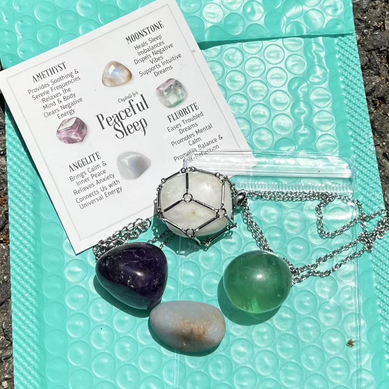 Crystal Healing Set: Tumbled Stones, Cage Necklace, Info Card - Wellness Gift