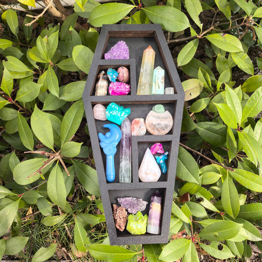 Coffin Crystal Shelf - Wooden Display Shelf for Healing Crystals, Witchy Room Decor, Gothic Altar Shelf, Spiritual Home Decor
